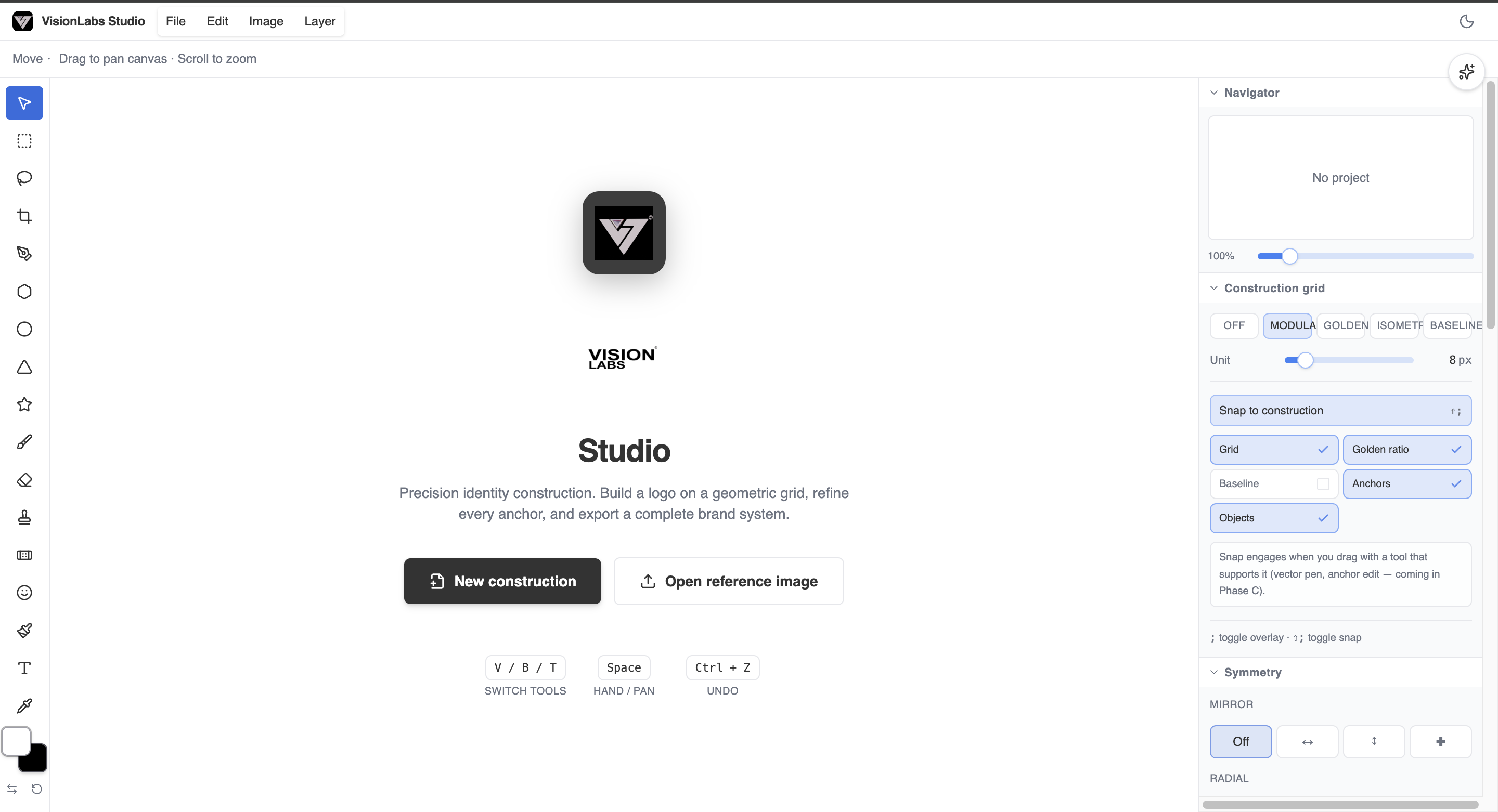 VisionLabs Studio interface — vector editor with construction grid